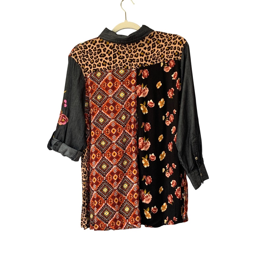 Caleoas Button Down Shirt Patchwork Floral Leopar… - image 4